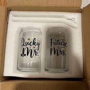 Mr. & Mrs. Glass Iced Coffee Mugs with Glass Straw